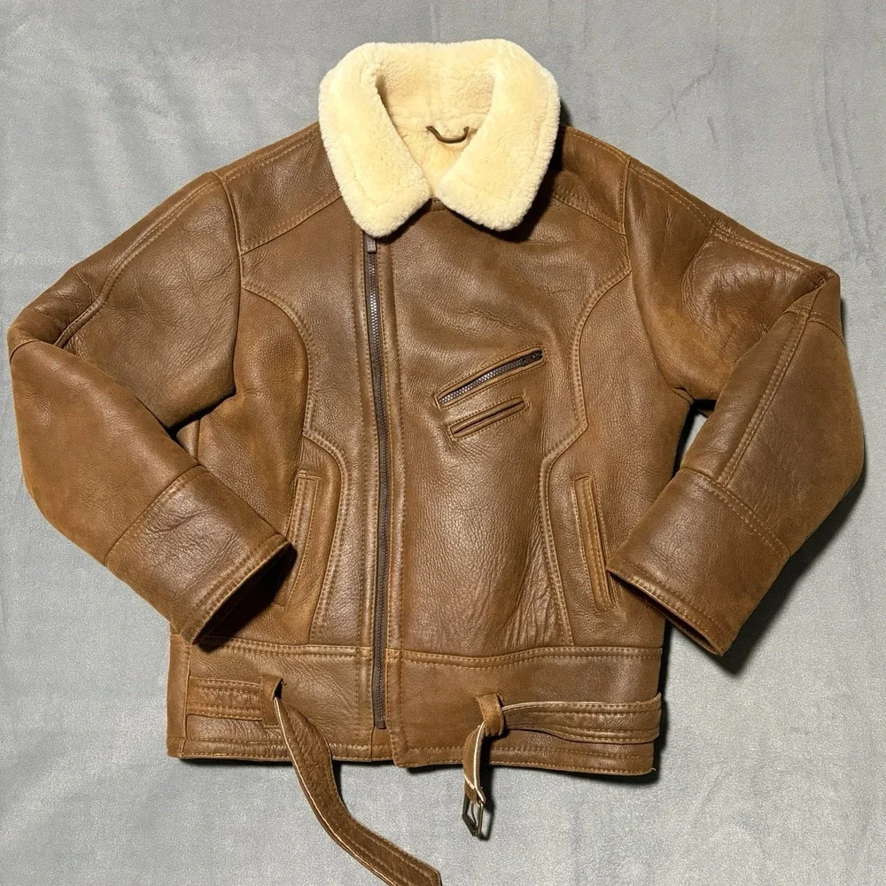 Shearling Lambskin B-3 Bomber Jacket Mens Size M Aviator Coat Brown Handmade NEW - Picture 1 of 16